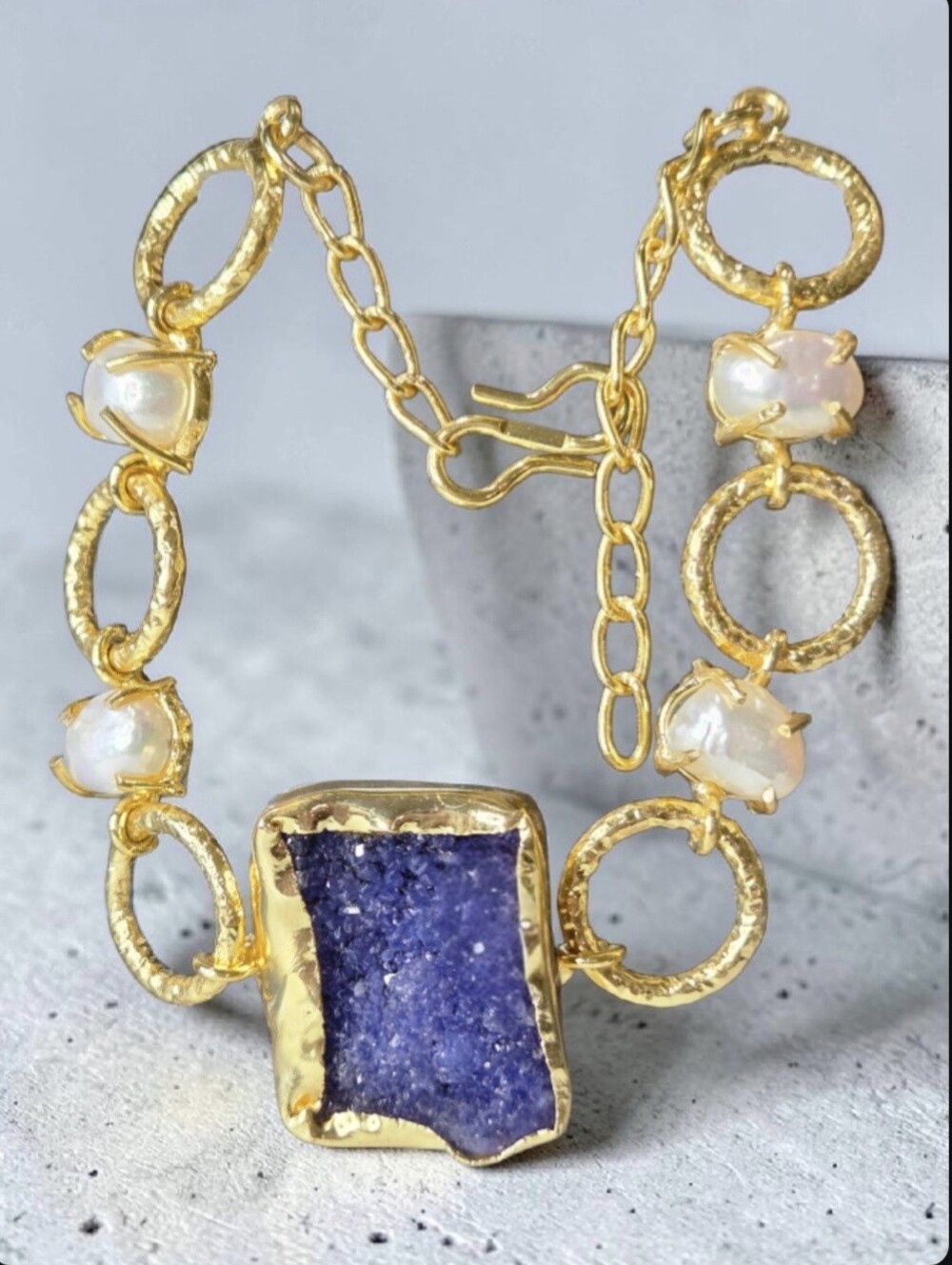 18k Gold Plated Genuine Freshwater Pearl  Purple Amethyst Sugar Druzy Bracelet